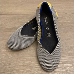 Rothy’s The Flat round-toe shoes in black/white w/ yellow heel, size 8.5